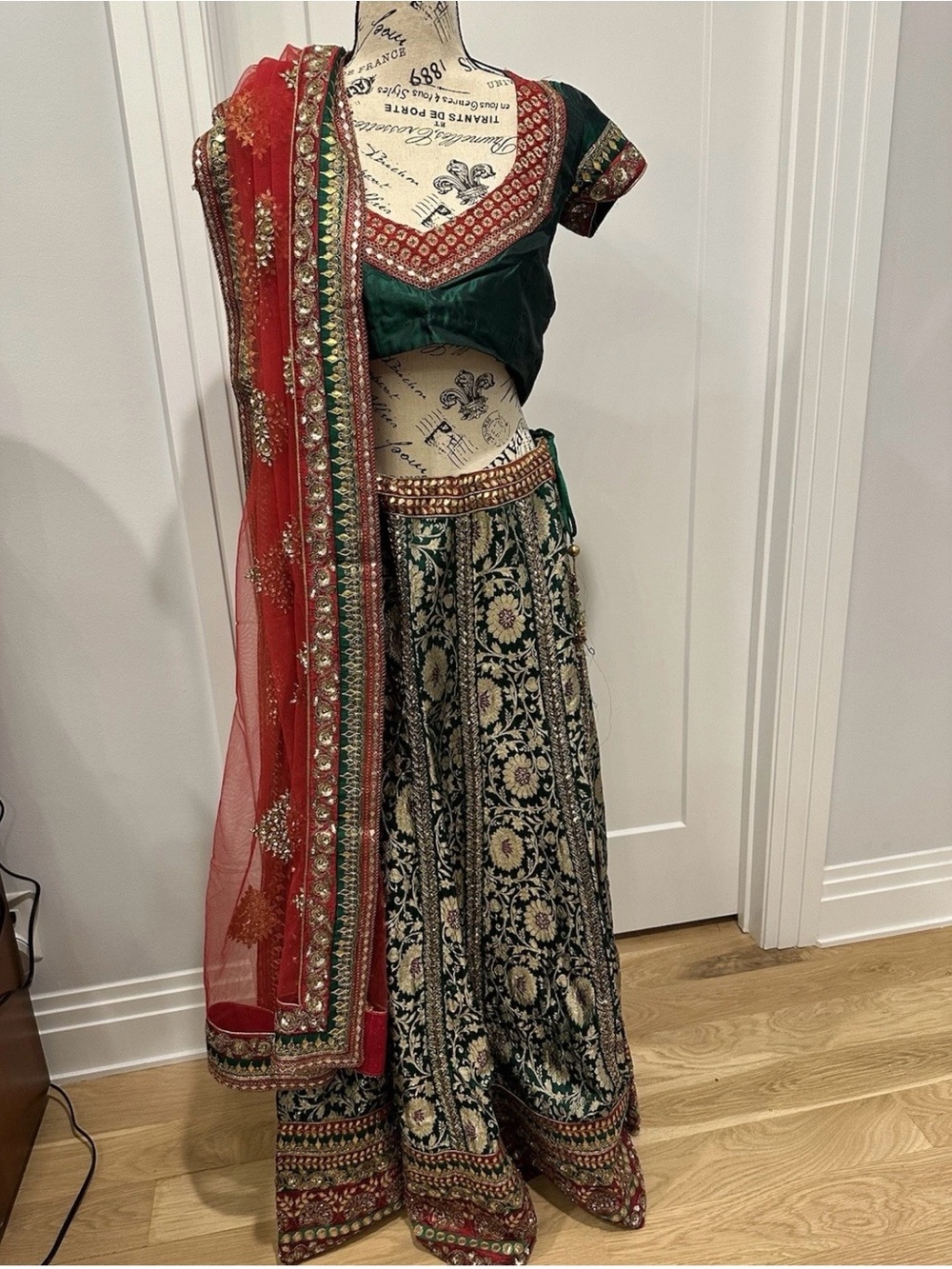 Green and Red Embellished Maxi Dress with Sheer Red Dupatta